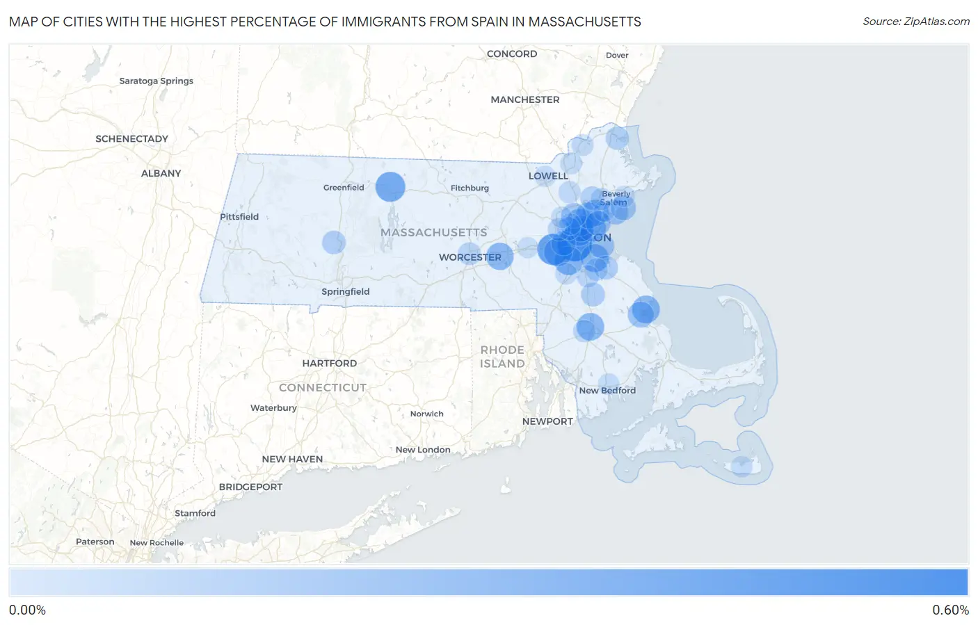 Cities with the Highest Percentage of Immigrants from Spain in Massachusetts Map