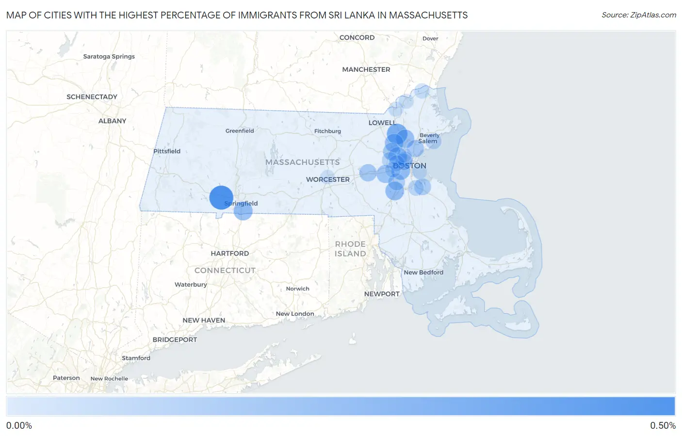 Cities with the Highest Percentage of Immigrants from Sri Lanka in Massachusetts Map