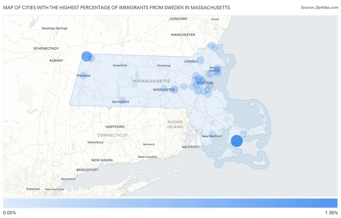 Cities with the Highest Percentage of Immigrants from Sweden in Massachusetts Map