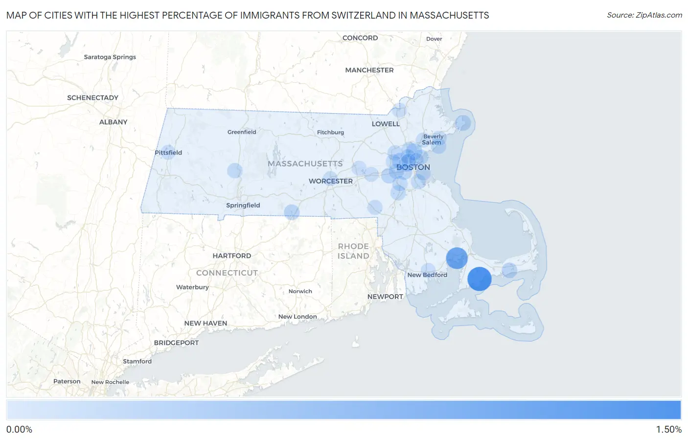 Cities with the Highest Percentage of Immigrants from Switzerland in Massachusetts Map
