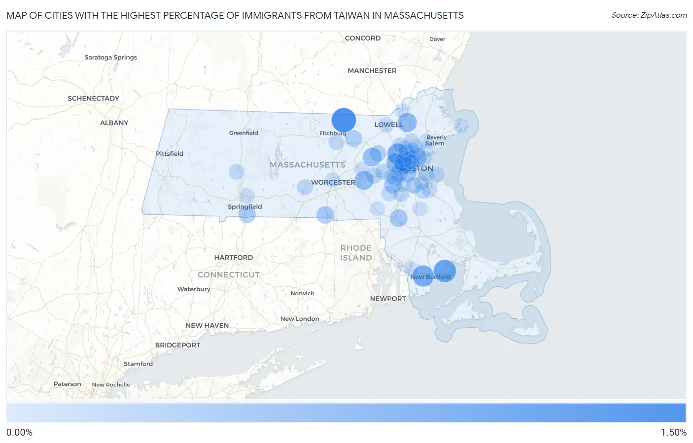 Cities with the Highest Percentage of Immigrants from Taiwan in Massachusetts Map