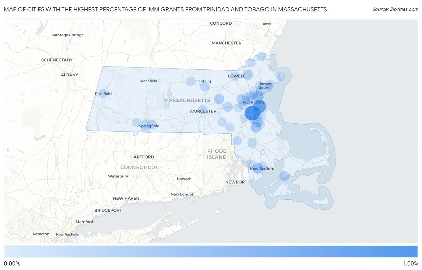 Cities with the Highest Percentage of Immigrants from Trinidad and Tobago in Massachusetts Map