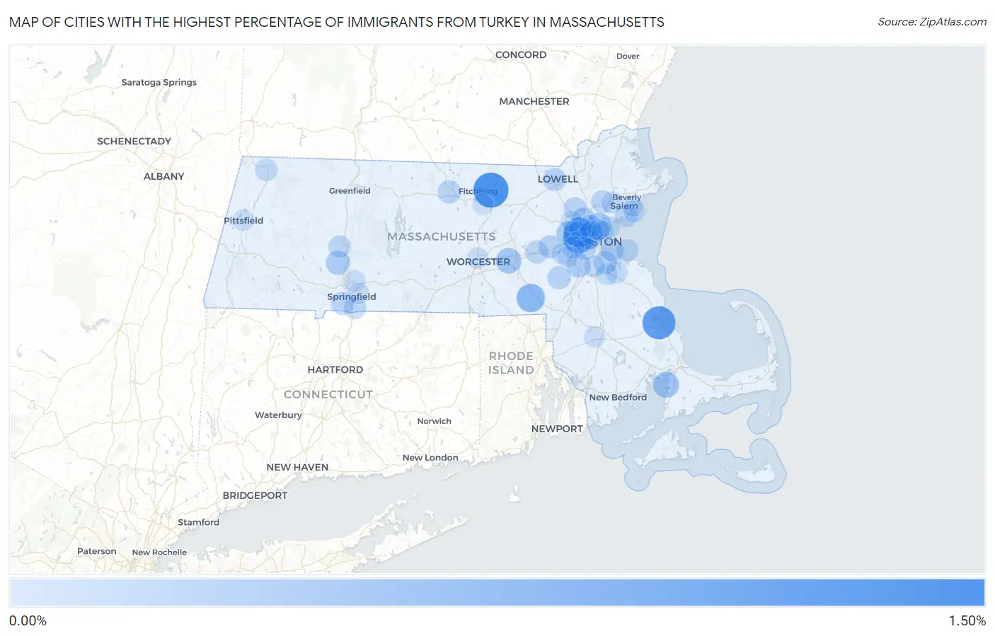 Cities with the Highest Percentage of Immigrants from Turkey in Massachusetts Map
