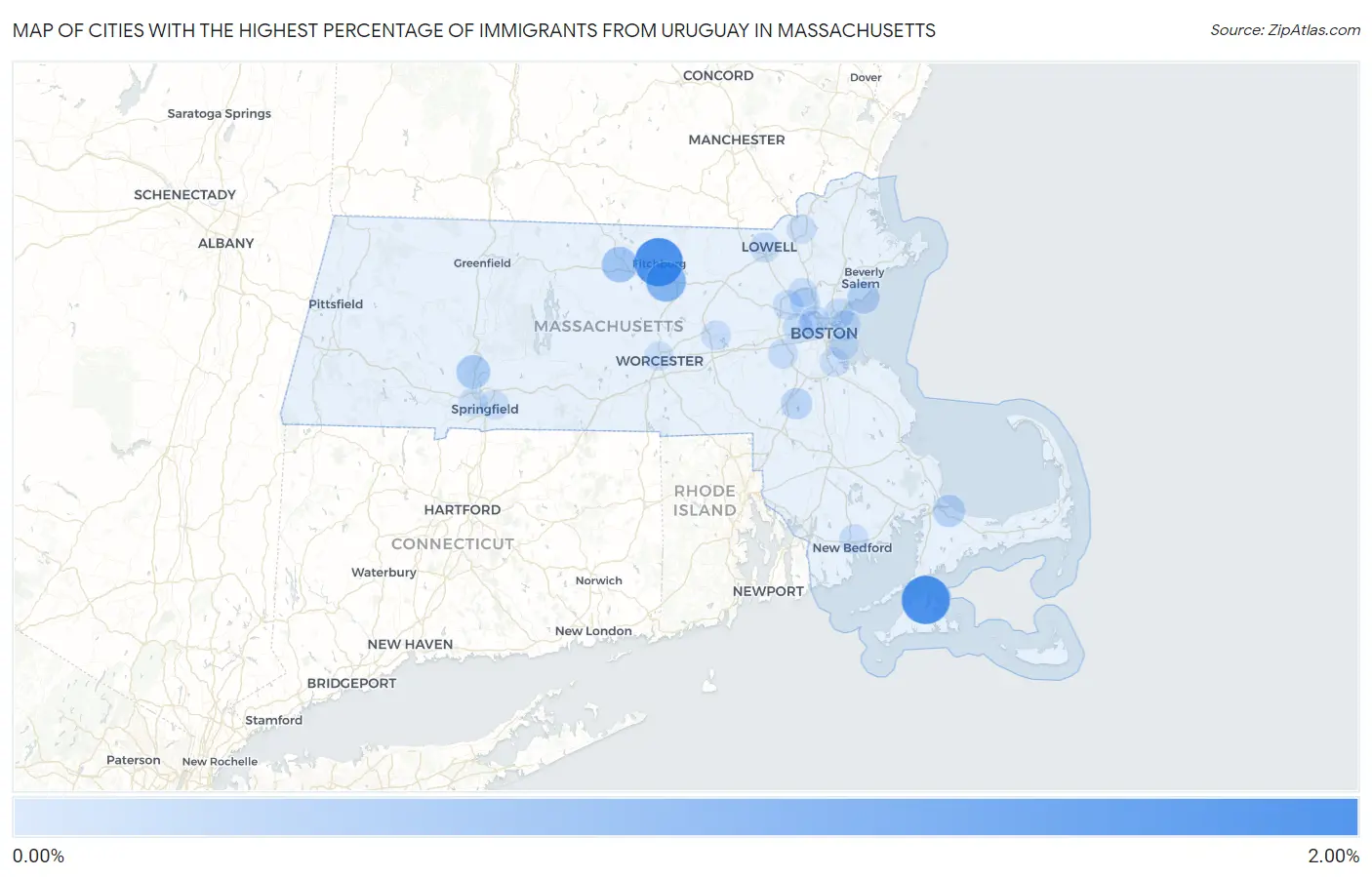 Cities with the Highest Percentage of Immigrants from Uruguay in Massachusetts Map