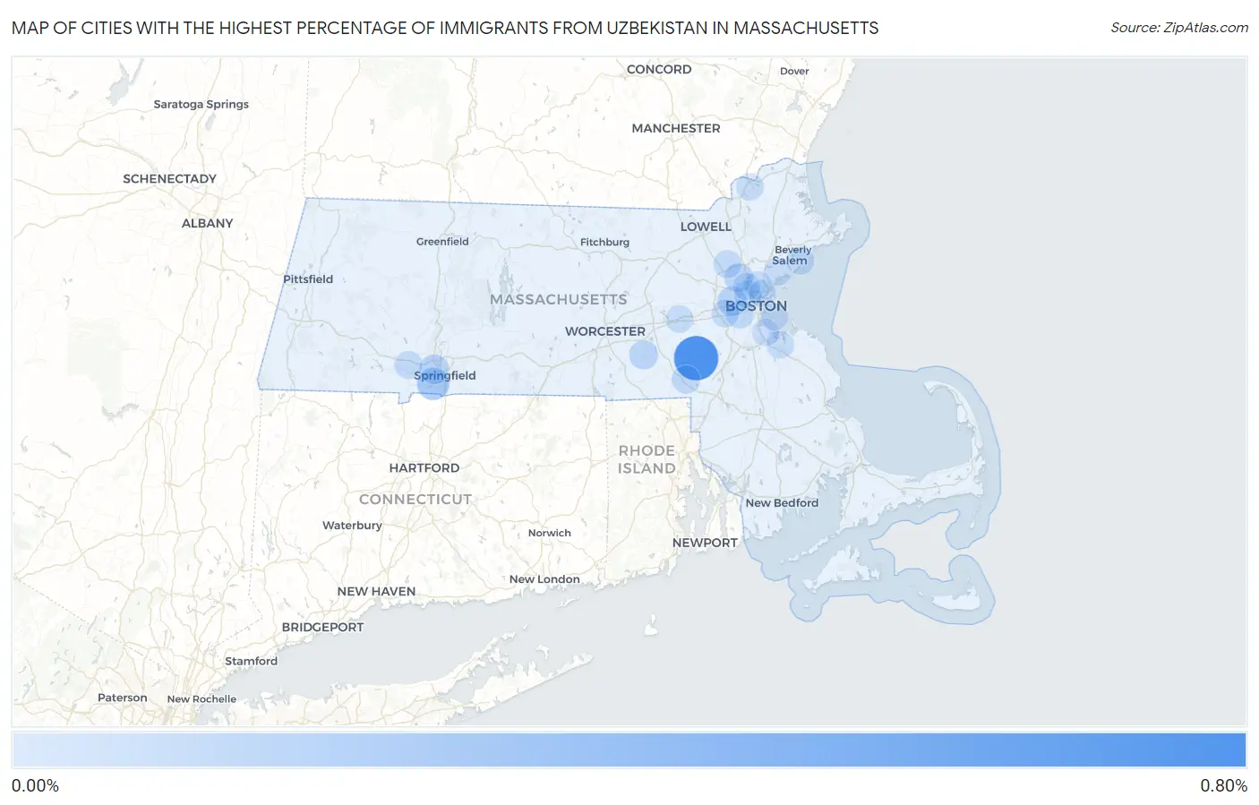 Cities with the Highest Percentage of Immigrants from Uzbekistan in Massachusetts Map