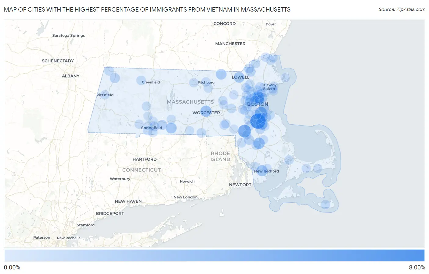 Cities with the Highest Percentage of Immigrants from Vietnam in Massachusetts Map