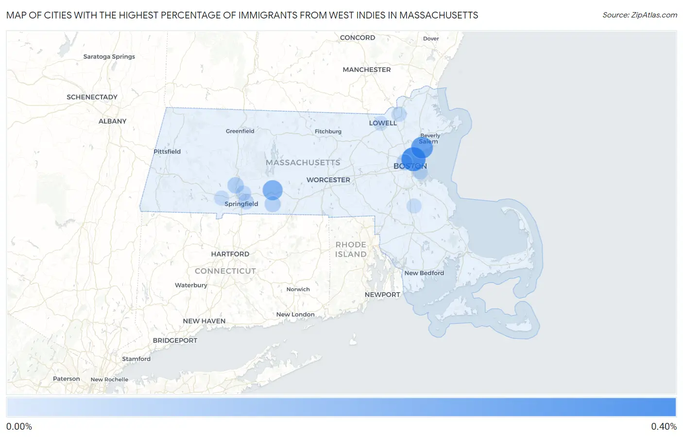 Cities with the Highest Percentage of Immigrants from West Indies in Massachusetts Map