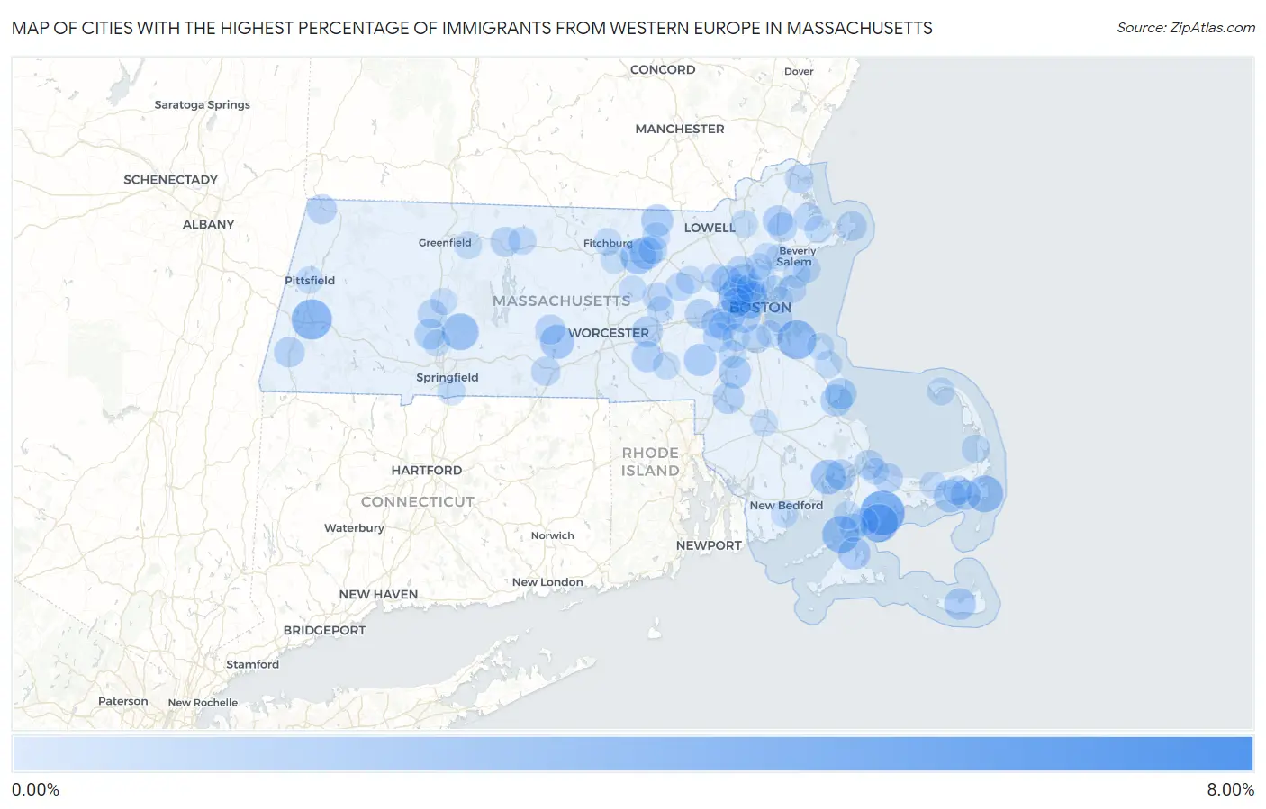 Cities with the Highest Percentage of Immigrants from Western Europe in Massachusetts Map