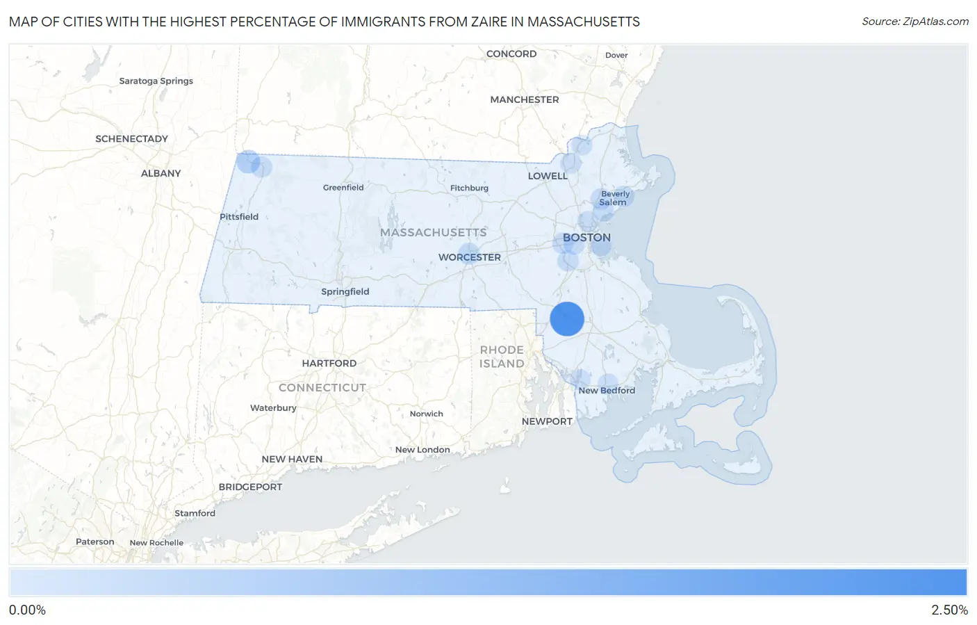 Cities with the Highest Percentage of Immigrants from Zaire in Massachusetts Map