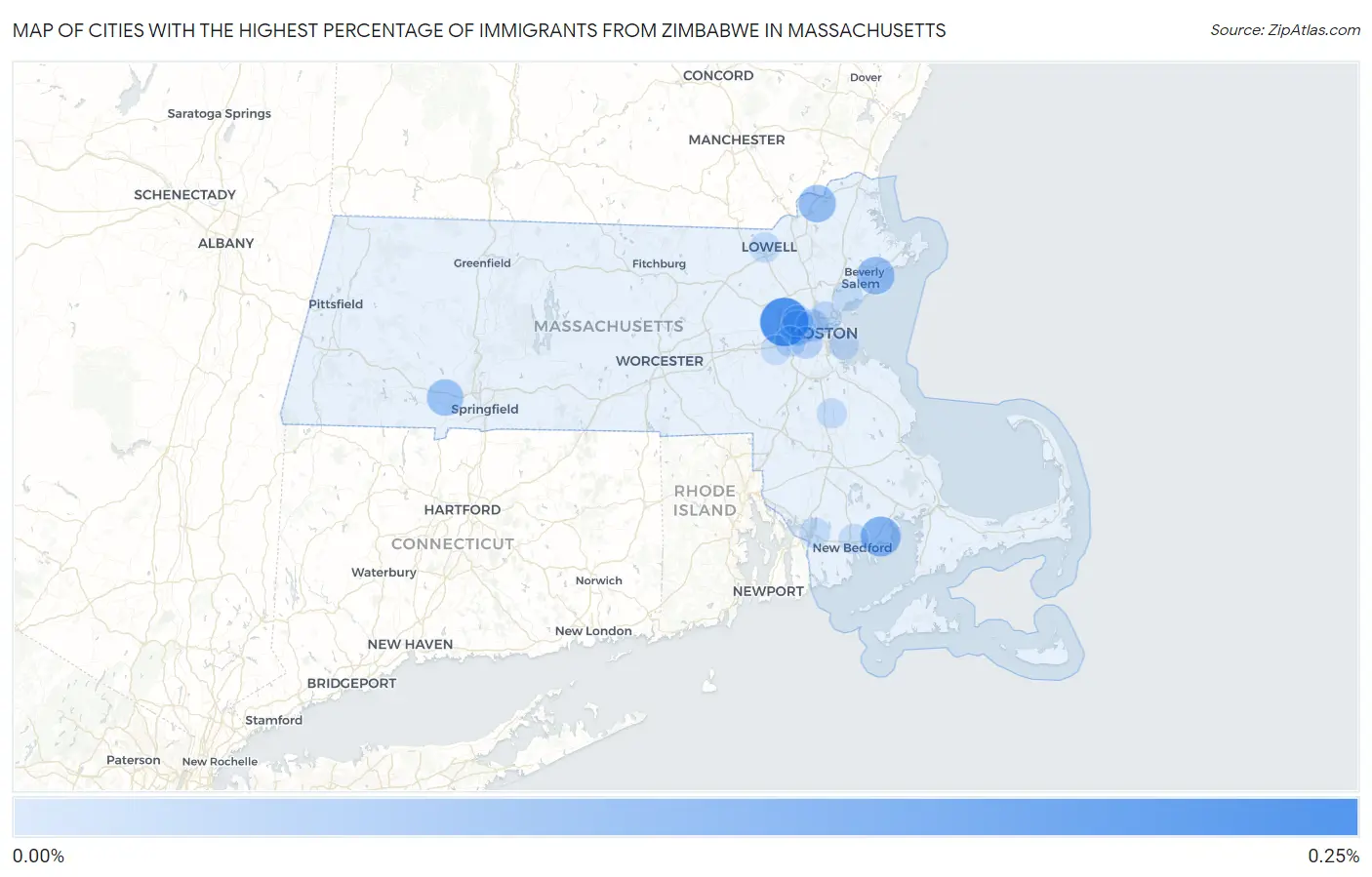 Cities with the Highest Percentage of Immigrants from Zimbabwe in Massachusetts Map