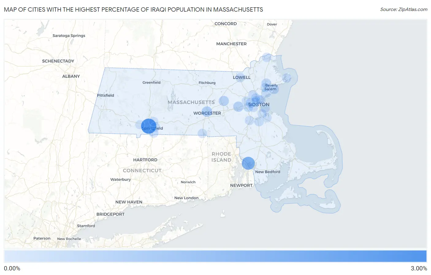 Cities with the Highest Percentage of Iraqi Population in Massachusetts Map