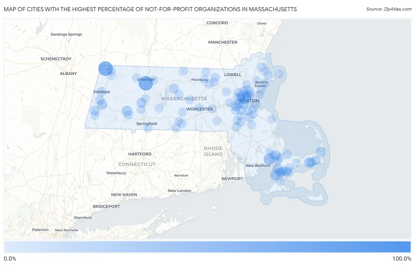 Cities with the Highest Percentage of Not-for-profit Organizations in Massachusetts Map