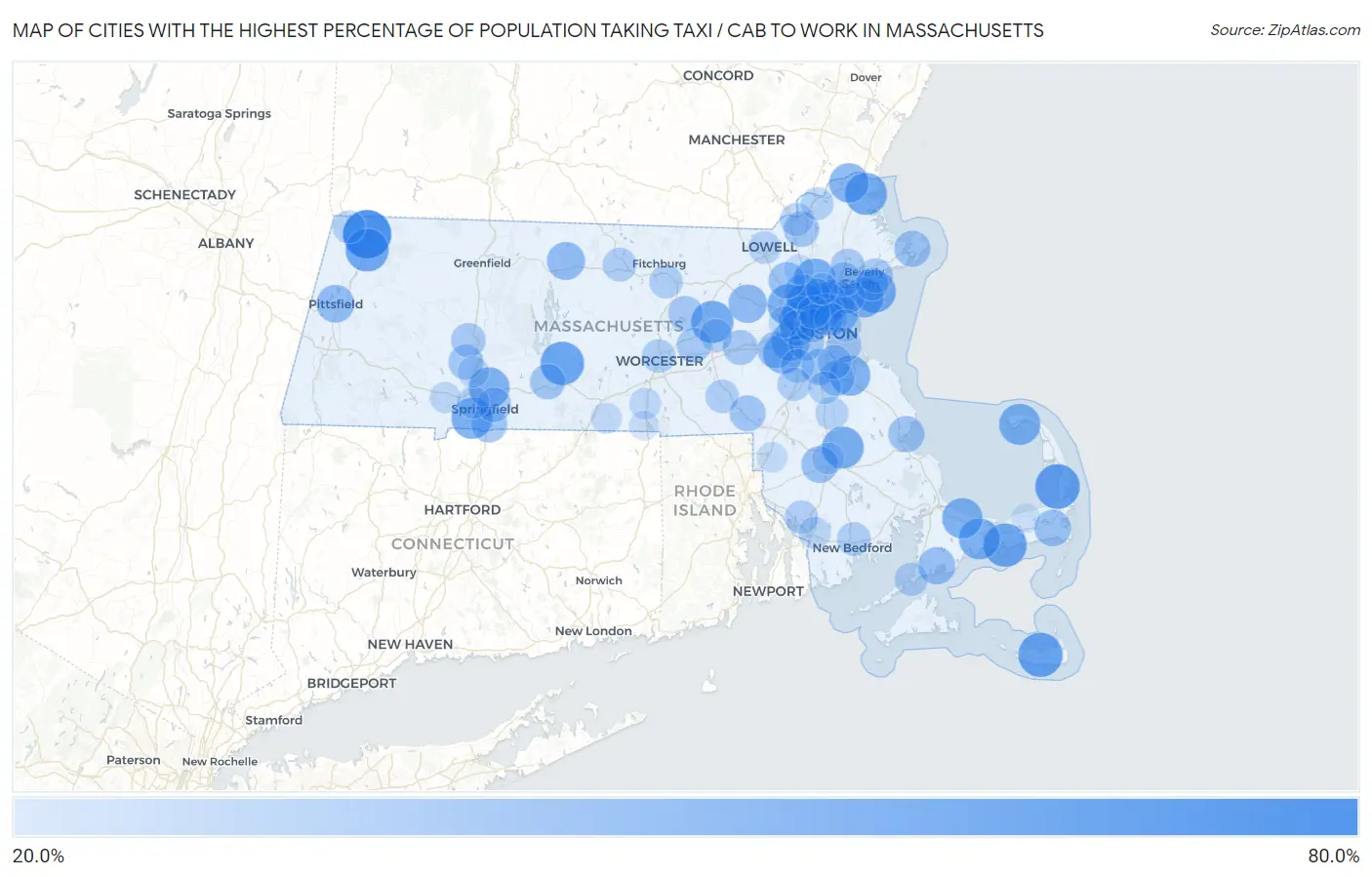 Cities with the Highest Percentage of Population Taking Taxi / Cab to Work in Massachusetts Map