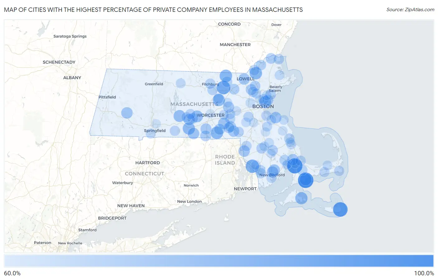 Cities with the Highest Percentage of Private Company Employees in Massachusetts Map