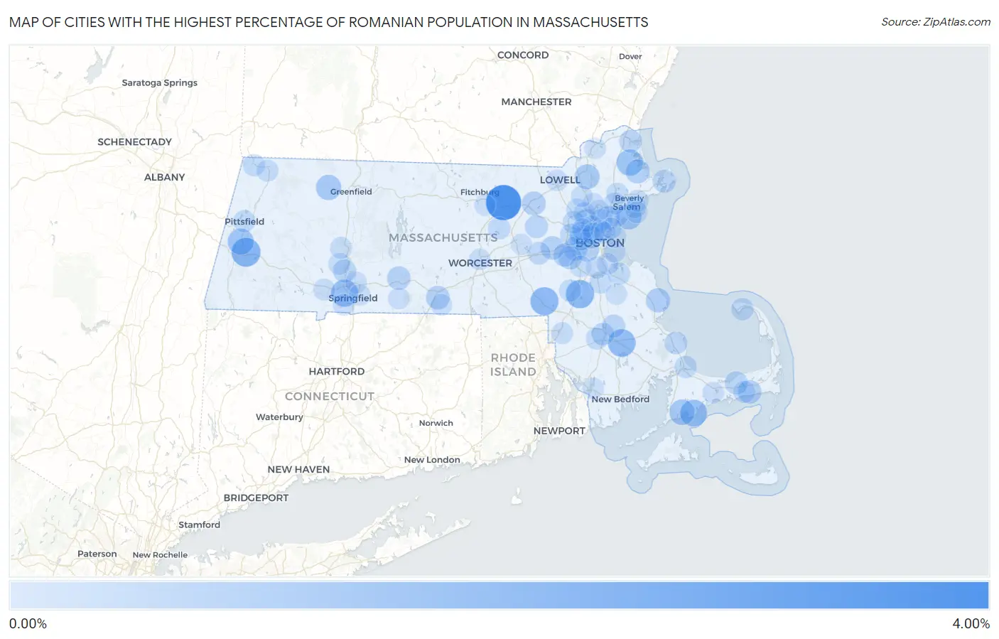 Cities with the Highest Percentage of Romanian Population in Massachusetts Map