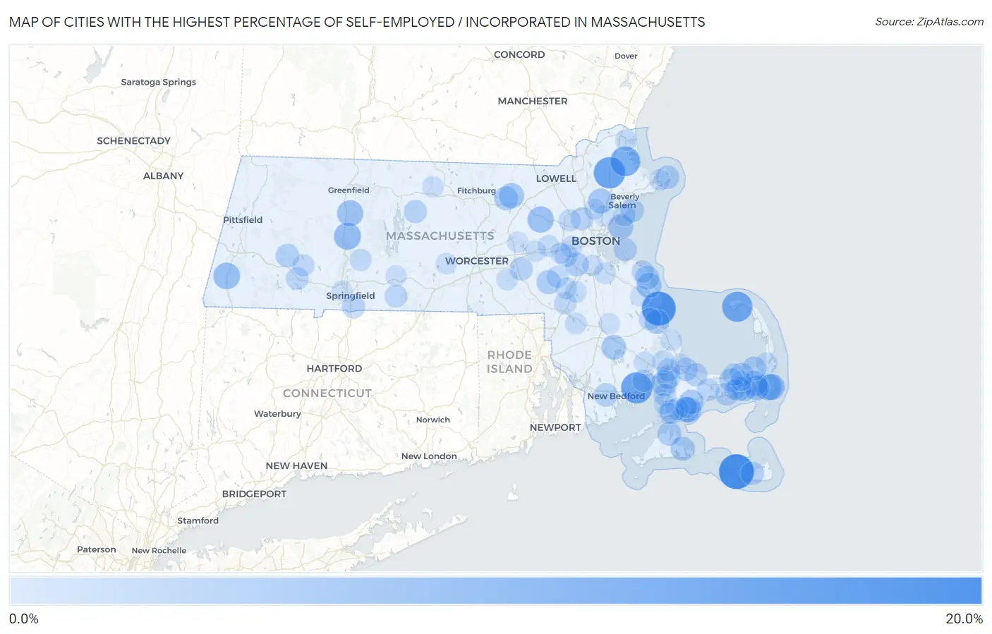 Cities with the Highest Percentage of Self-Employed / Incorporated in Massachusetts Map