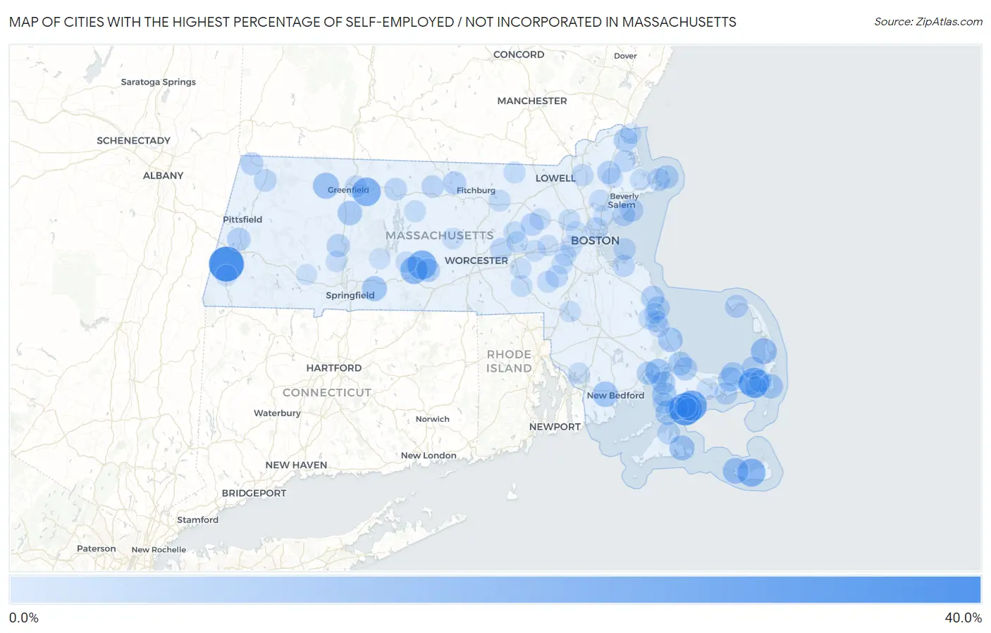 Cities with the Highest Percentage of Self-Employed / Not Incorporated in Massachusetts Map