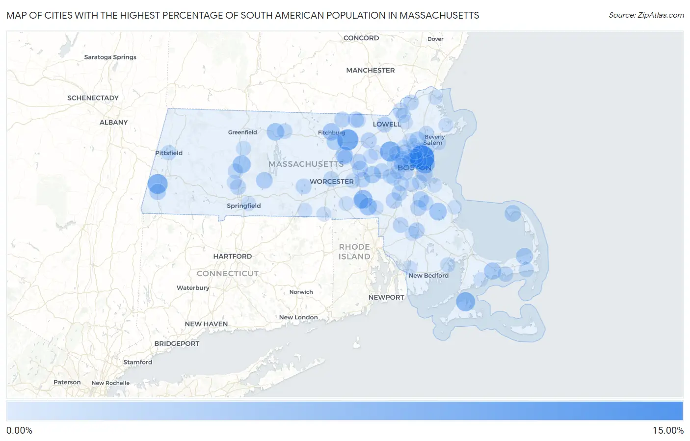 Cities with the Highest Percentage of South American Population in Massachusetts Map