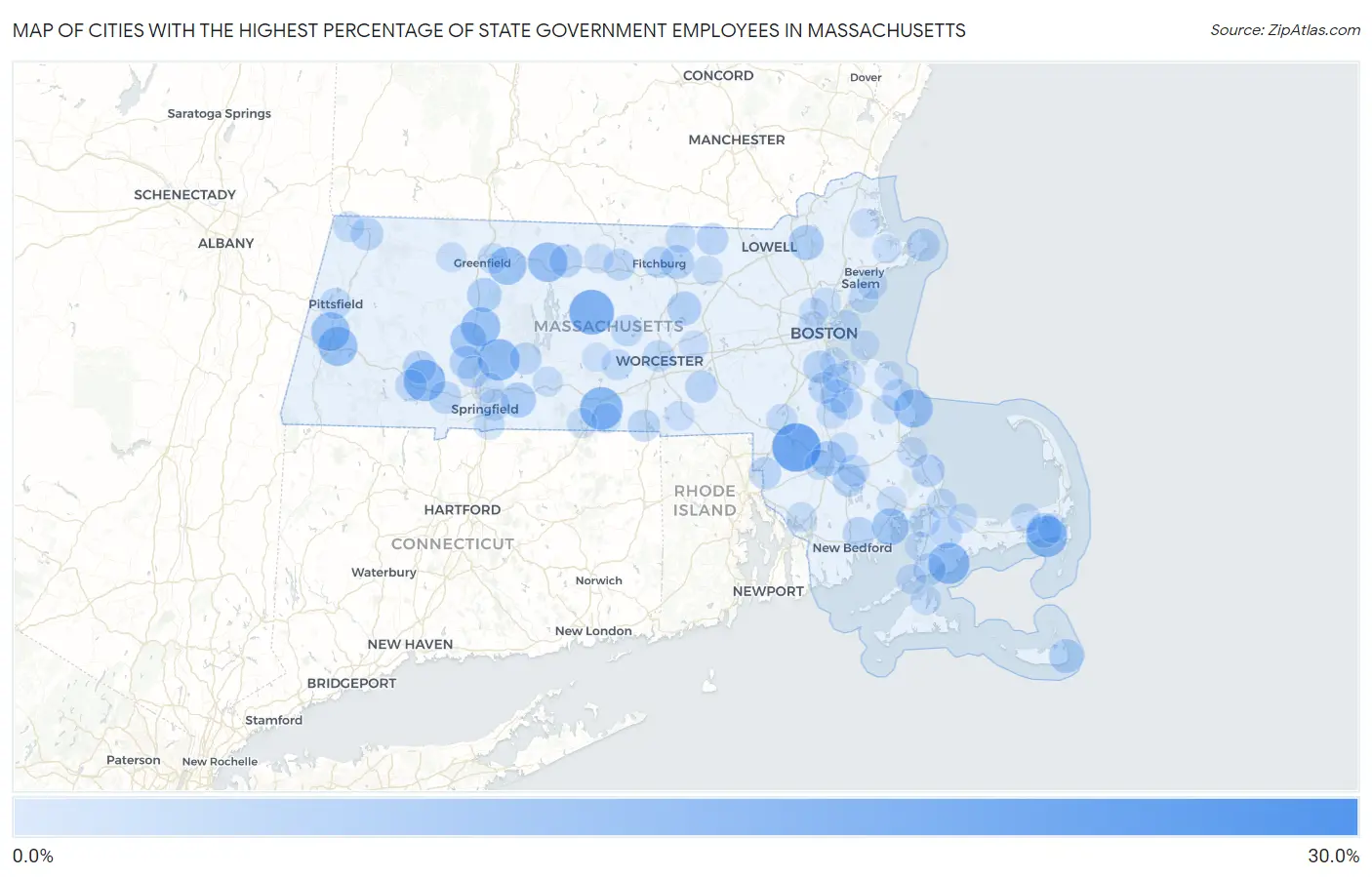 Cities with the Highest Percentage of State Government Employees in Massachusetts Map
