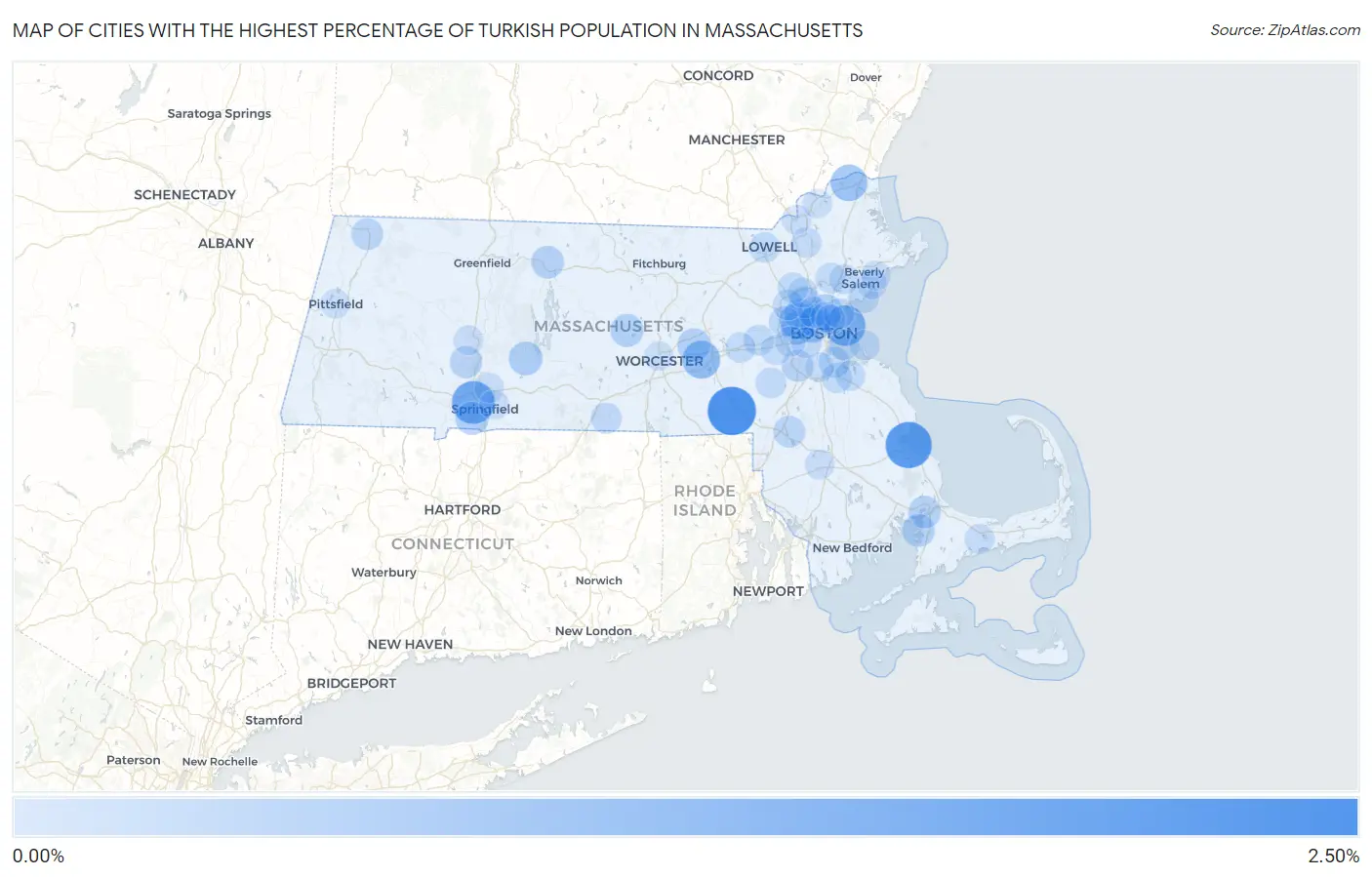 Cities with the Highest Percentage of Turkish Population in Massachusetts Map