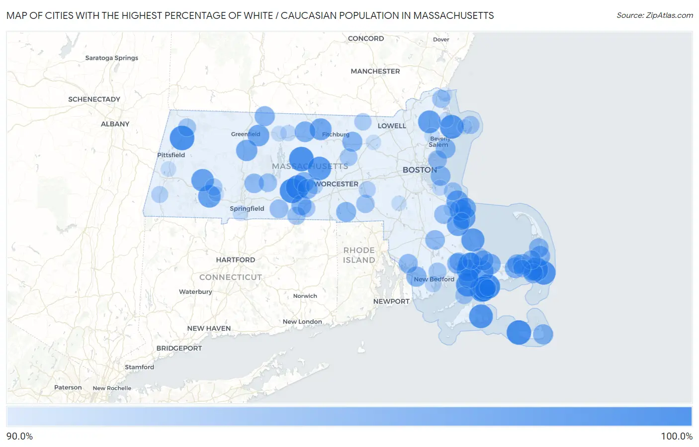 Cities with the Highest Percentage of White / Caucasian Population in Massachusetts Map