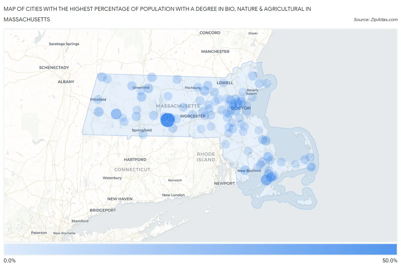 Cities with the Highest Percentage of Population with a Degree in Bio, Nature & Agricultural in Massachusetts Map