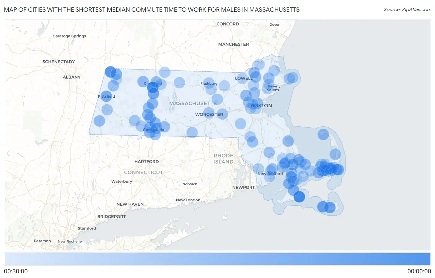 Cities with the Shortest Median Commute Time to Work for Males in Massachusetts Map