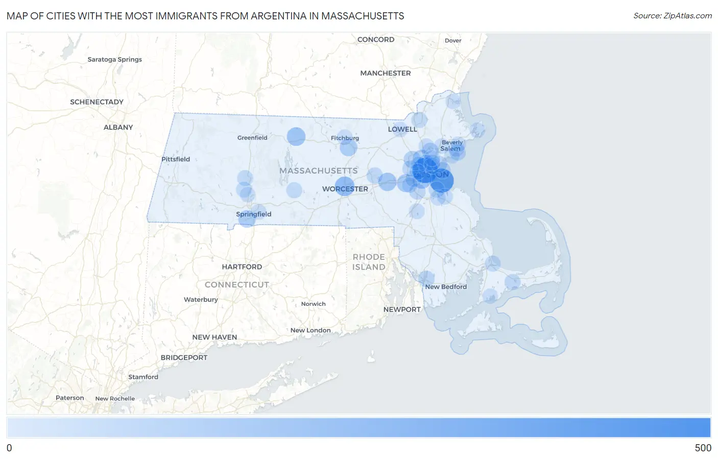 Cities with the Most Immigrants from Argentina in Massachusetts Map