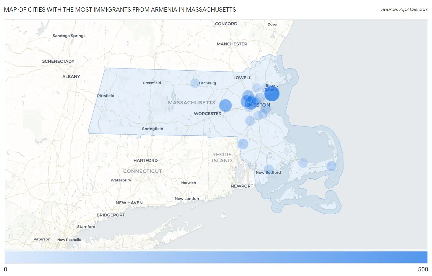 Cities with the Most Immigrants from Armenia in Massachusetts Map