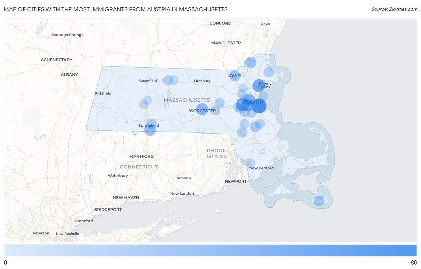 Cities with the Most Immigrants from Austria in Massachusetts Map