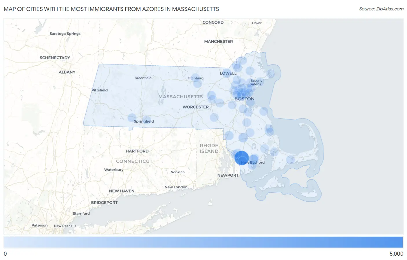 Cities with the Most Immigrants from Azores in Massachusetts Map