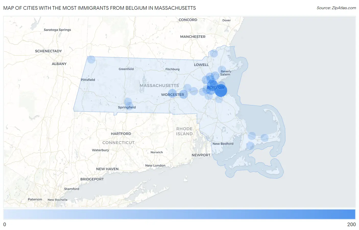 Cities with the Most Immigrants from Belgium in Massachusetts Map