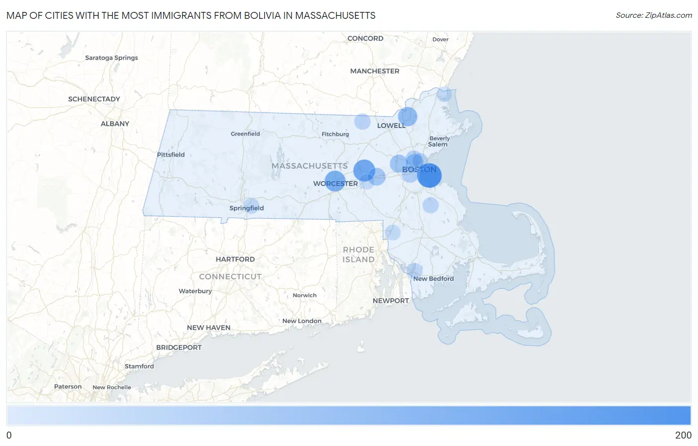 Cities with the Most Immigrants from Bolivia in Massachusetts Map