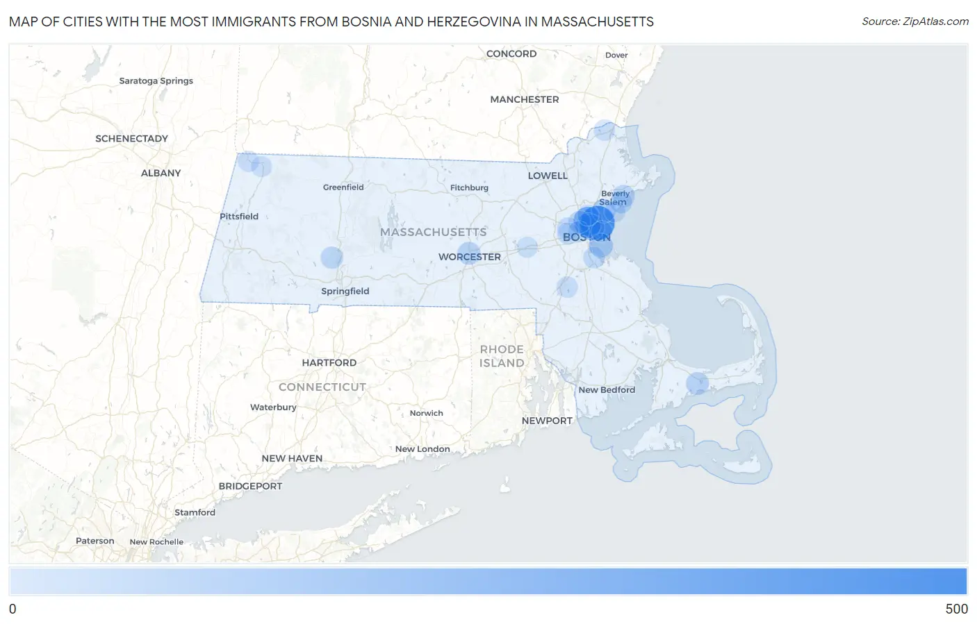 Cities with the Most Immigrants from Bosnia and Herzegovina in Massachusetts Map