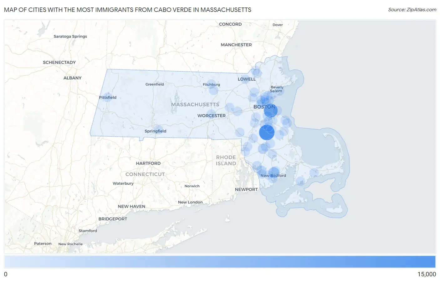 Cities with the Most Immigrants from Cabo Verde in Massachusetts Map