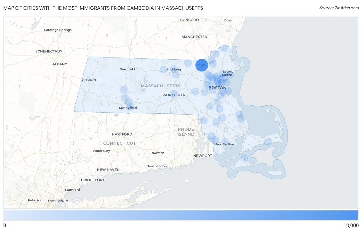 Cities with the Most Immigrants from Cambodia in Massachusetts Map