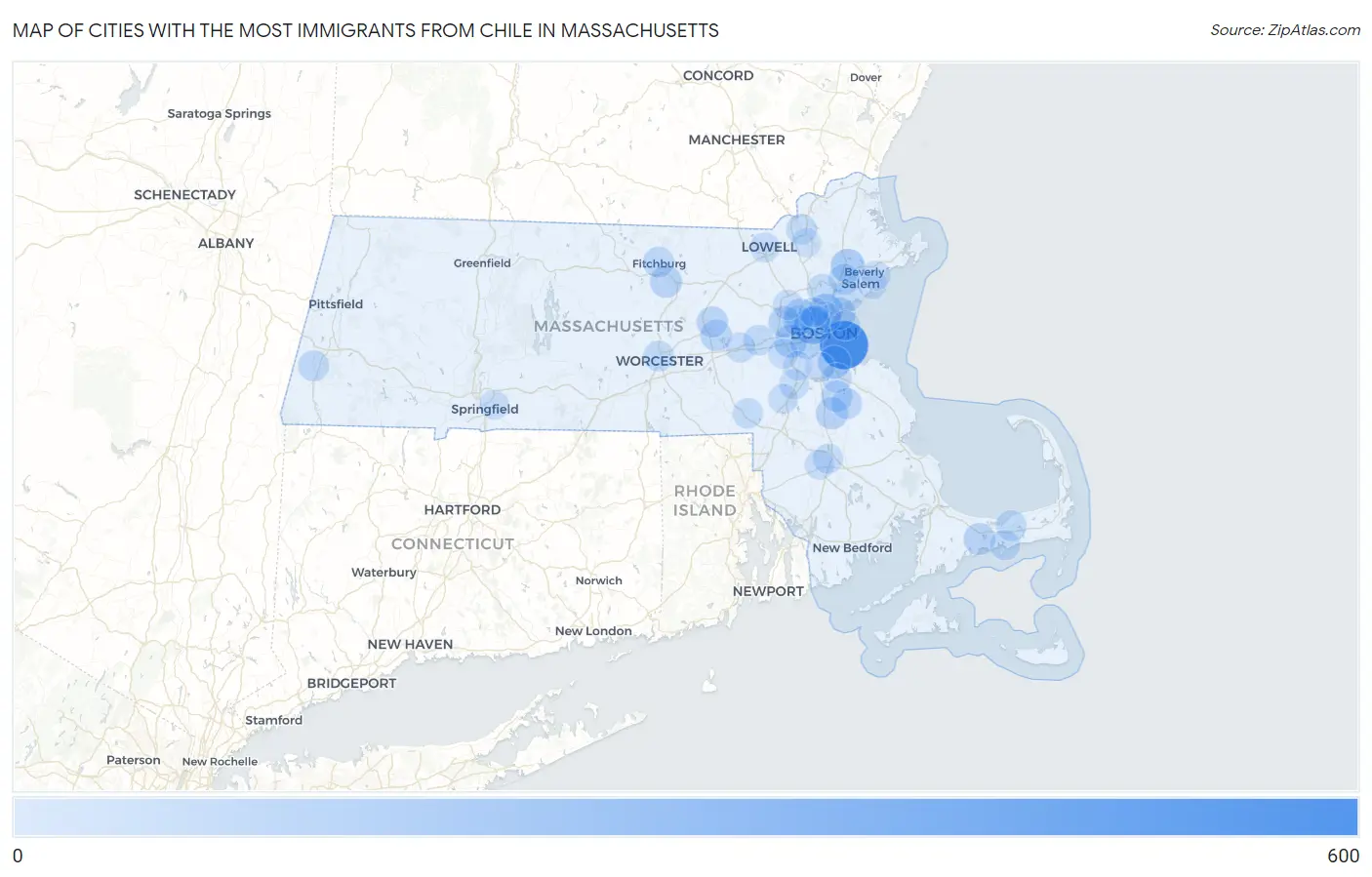 Cities with the Most Immigrants from Chile in Massachusetts Map