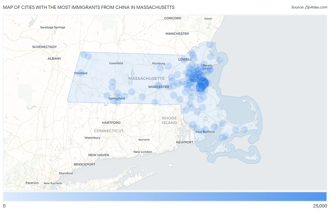 Cities with the Most Immigrants from China in Massachusetts Map
