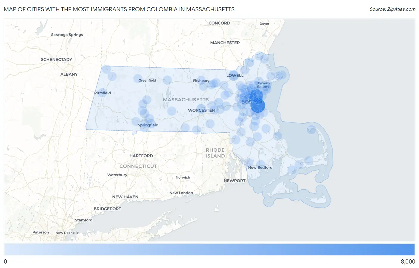 Cities with the Most Immigrants from Colombia in Massachusetts Map