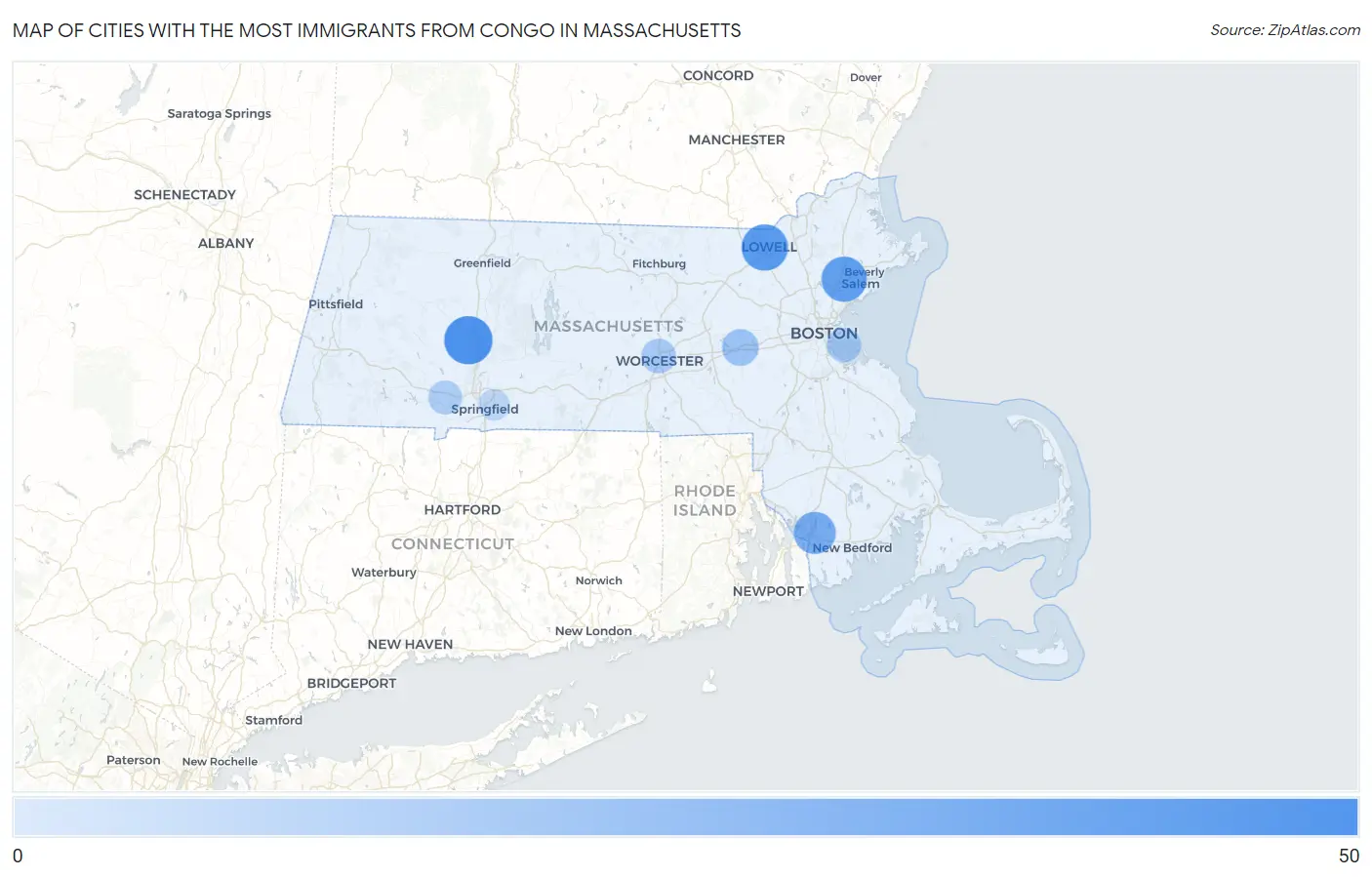 Cities with the Most Immigrants from Congo in Massachusetts Map