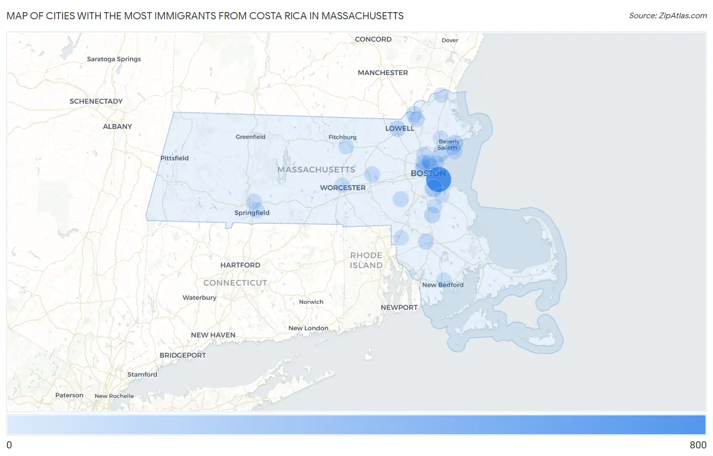 Cities with the Most Immigrants from Costa Rica in Massachusetts Map