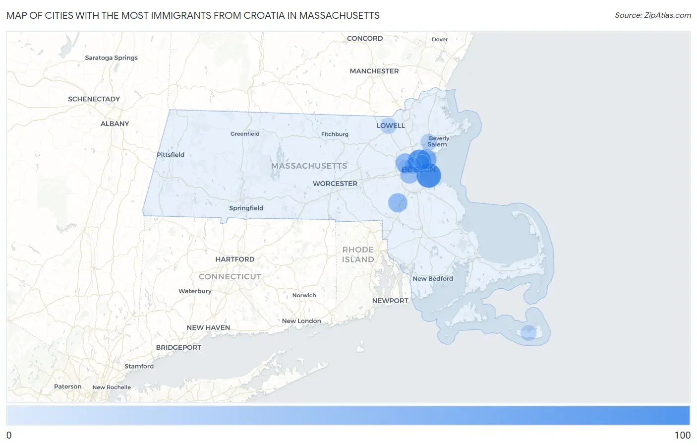 Cities with the Most Immigrants from Croatia in Massachusetts Map