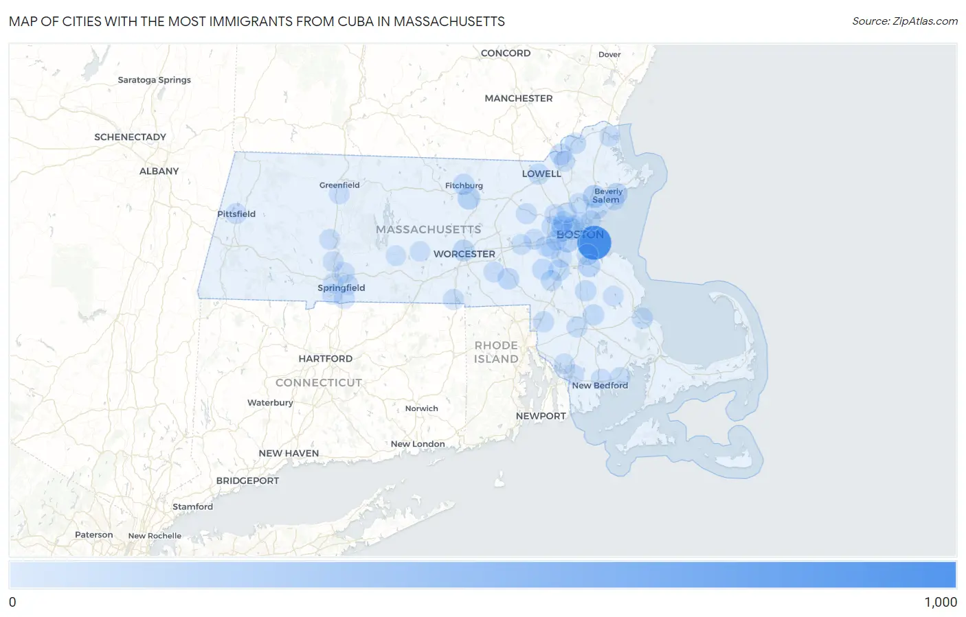 Cities with the Most Immigrants from Cuba in Massachusetts Map