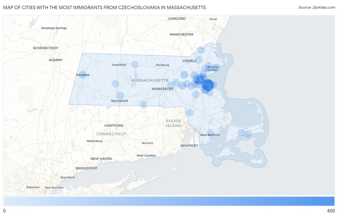 Cities with the Most Immigrants from Czechoslovakia in Massachusetts Map