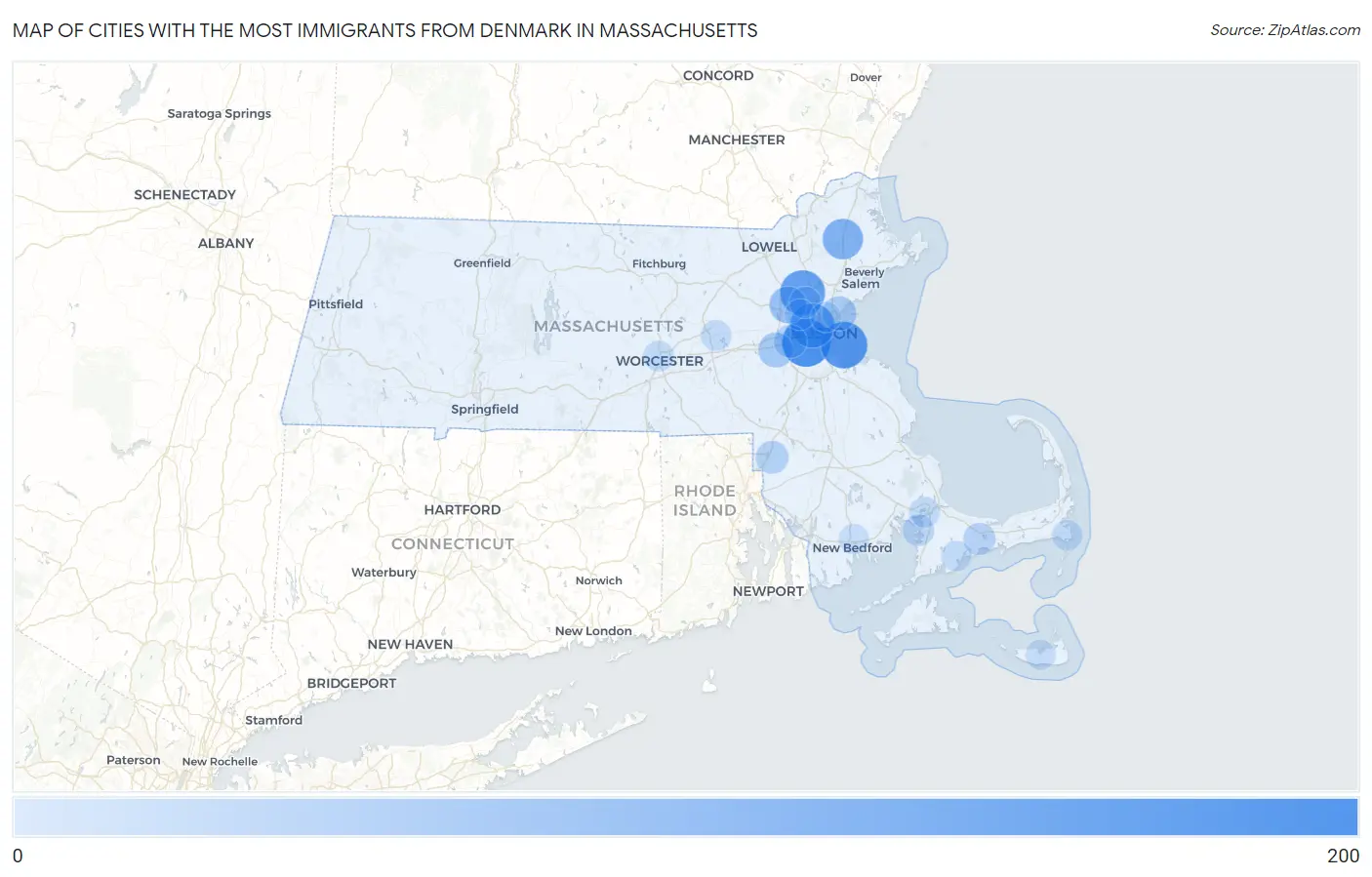 Cities with the Most Immigrants from Denmark in Massachusetts Map