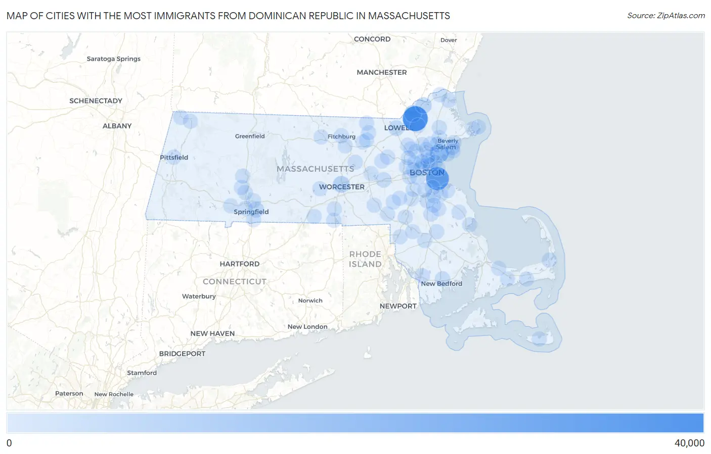 Cities with the Most Immigrants from Dominican Republic in Massachusetts Map