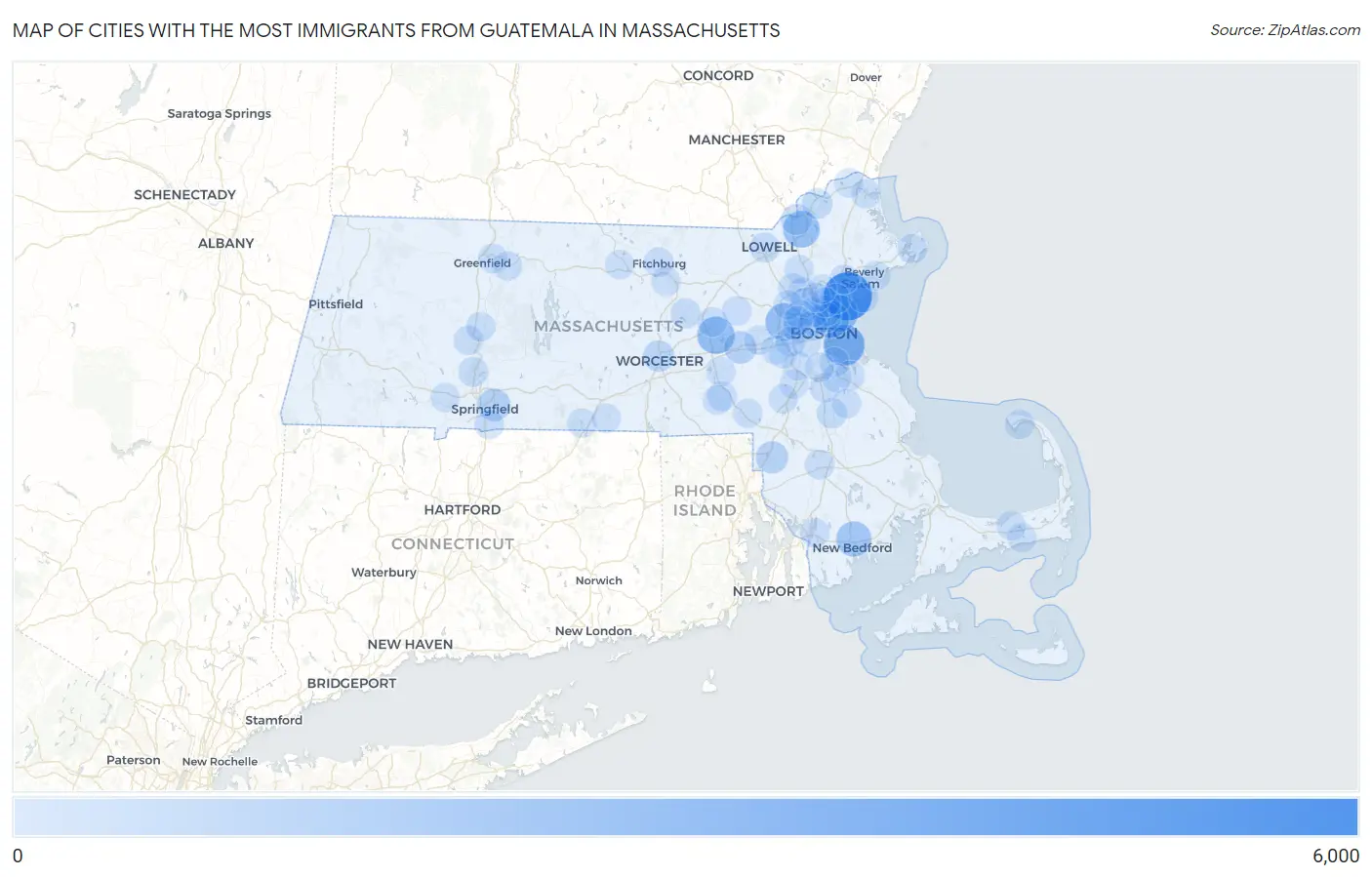 Cities with the Most Immigrants from Guatemala in Massachusetts Map