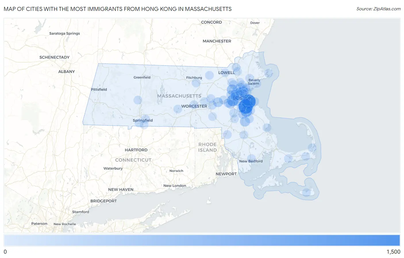 Cities with the Most Immigrants from Hong Kong in Massachusetts Map
