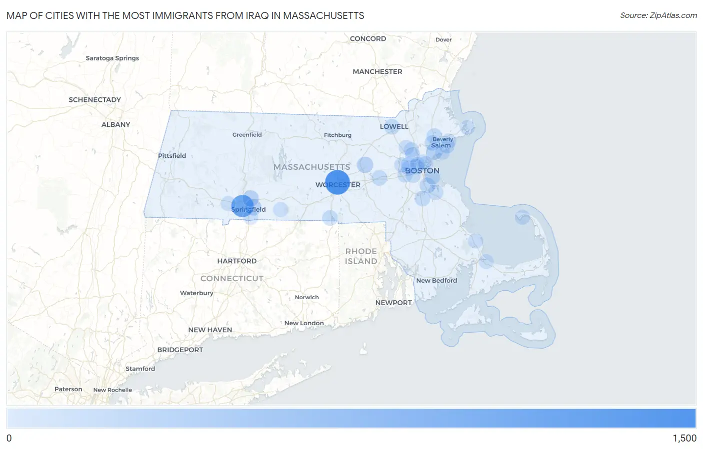 Cities with the Most Immigrants from Iraq in Massachusetts Map