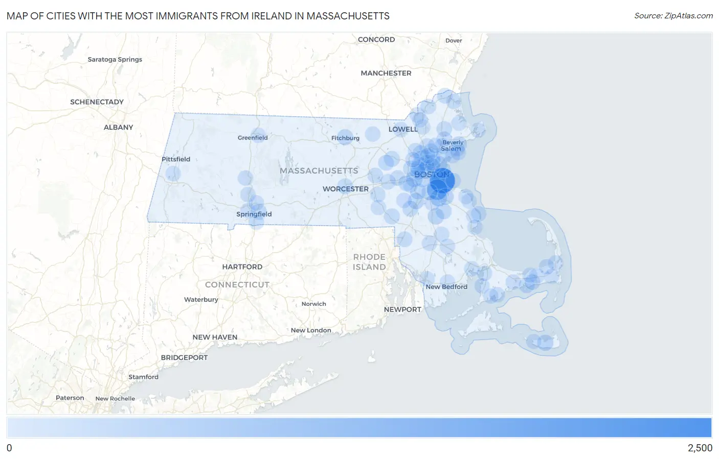 Cities with the Most Immigrants from Ireland in Massachusetts Map